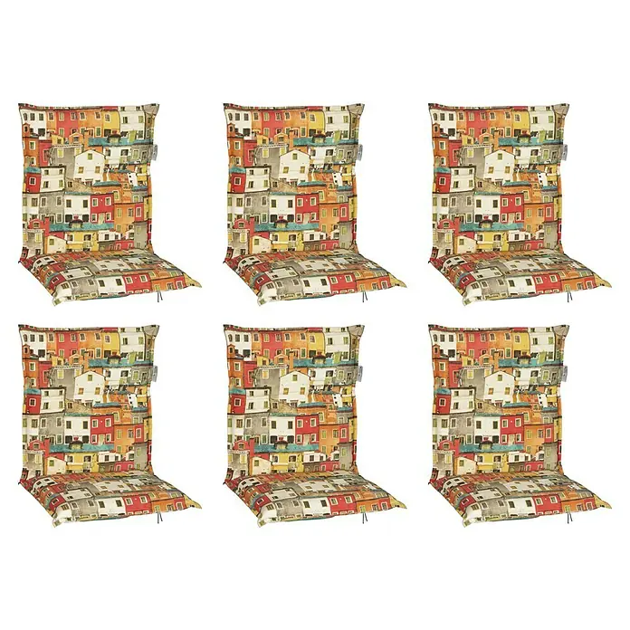 beo Gartenmöbel-Auflage Sardinien - Niederlehner, 6 Stk., L x B x H: 98 x 46 x 8 cm, Baumwolle, Polyester, Rot/Gelb - Abbildung von sechs Stuhlkissen mit einem bunten Häusermuster, ideal für die Dekoration Ihres Zuhauses und für mehr Komfort.