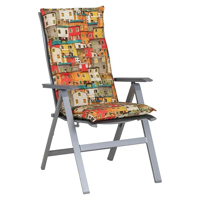 beo Gartenmöbel-Auflage Sardinien - Hochlehner, 6 Stk., L x B x H: 118 x 46 x 8 cm, Baumwolle, Polyester, Orange - Gepolsterter Gartenstuhl mit buntem Häusermuster. Die Sitzfläche und Rückenlehne des Stuhls sind mit einem farbenfrohen Stoff bezogen.
