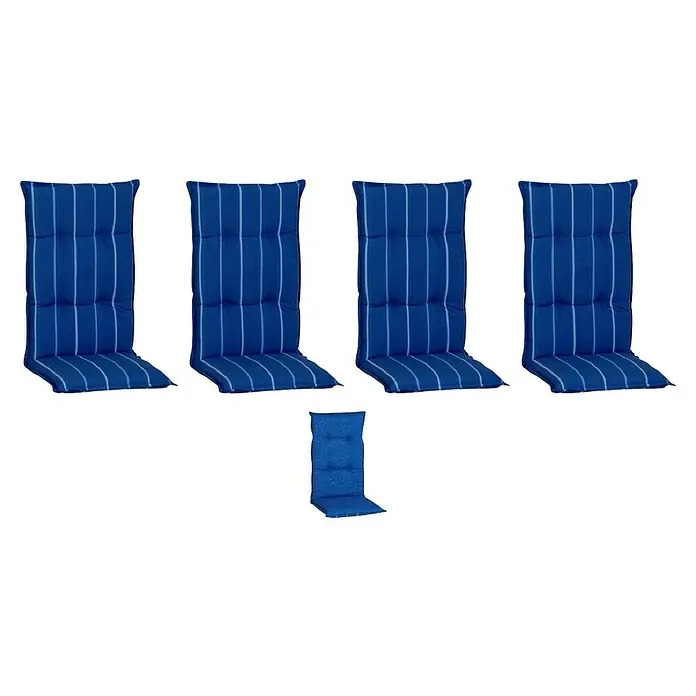 beo Gartenmöbel-Auflage Tovarnik - Niederlehner, 4 Stk., L x B x H: 118 x 46 x 8 cm, Baumwolle, Polyester, Blau/Weiß - Dieses Bild zeigt fünf blaue Stuhlkissen mit weißen Streifen, die sich ideal für Gartenmöbel eignen und Komfort bieten.