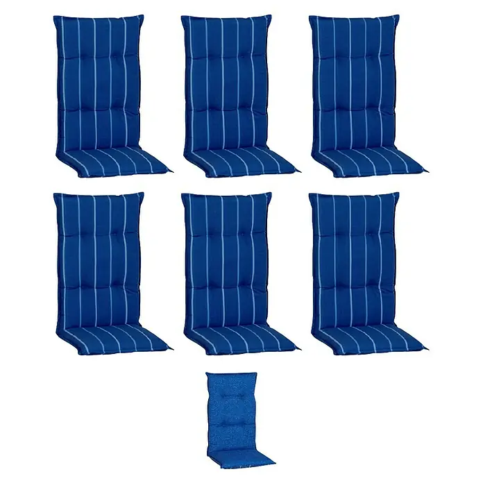 beo Gartenmöbel-Auflage Tovarnik - Niederlehner, 6 Stk., L x B x H: 118 x 46 x 8 cm, Baumwolle, Polyester, Blau/Weiß - Abgebildet sind sechs blaue Gartenstuhlauflagen mit Streifenmuster. Ideal für bequemes Sitzen im Freien.