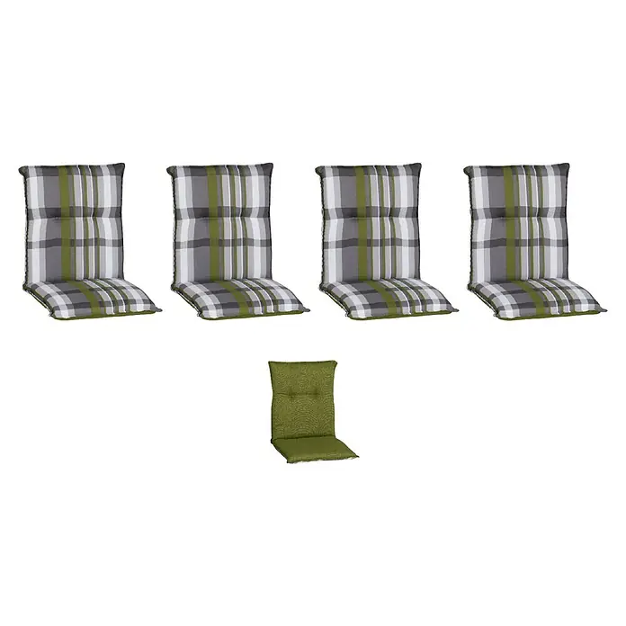 beo Gartenmöbel-Auflage Tirana - Niederlehner, 4 Stk., L x B x H: 98 x 46 x 8 cm, Baumwolle, Polyester, Grün/Grau - Mehrere Stuhlkissen für den Garten mit Streifenmuster und einfarbig, ideal für bequemes Sitzen im Freien.