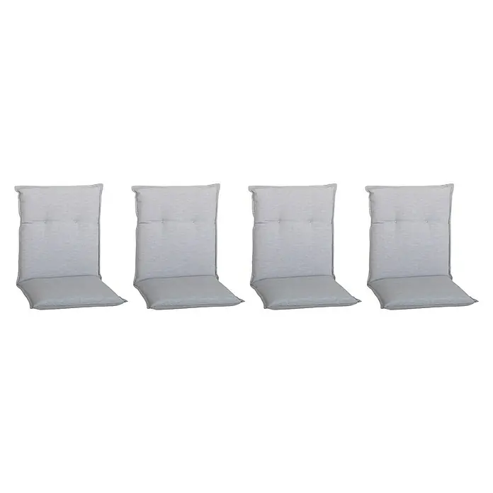 beo Gartenmöbel-Auflage Taipeh - Niederlehner, 4 Stk., L x B x H: 98 x 46 x 8 cm, Polyester, Grau - Das Bild zeigt vier graue Stuhlkissen mit einer gesteppten Rückenlehne. Die Kissen sind ideal für Gartenmöbel und sorgen für Komfort.