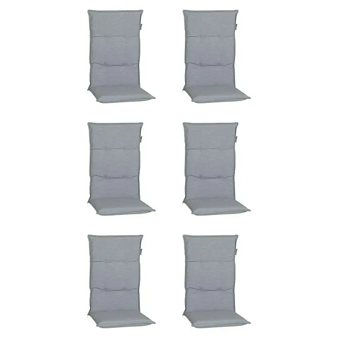 beo Gartenmöbel-Auflage Taipeh - Hochlehner, 6 Stk., L x B x H: 118 x 46 x 8 cm, Baumwolle, Polyester, Grau - Das Bild zeigt sechs graue Stuhlkissen mit Rückenlehne, die sich ideal für Gartenmöbel eignen und Komfort bieten.