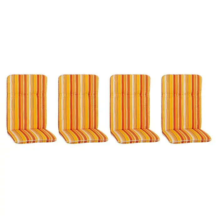 beo Gartenmöbel-Auflage Paselimra - Hochlehner, 4 Stk., L x B x H: 114 x 47 x 5 cm, Baumwolle, Polyester, Gelb/Rot - Das Bild zeigt vier gestreifte Hochlehner-Auflagen in Gelb, Orange und Weiß, die für Komfort und Stil im Garten oder auf der Terrasse sorgen.