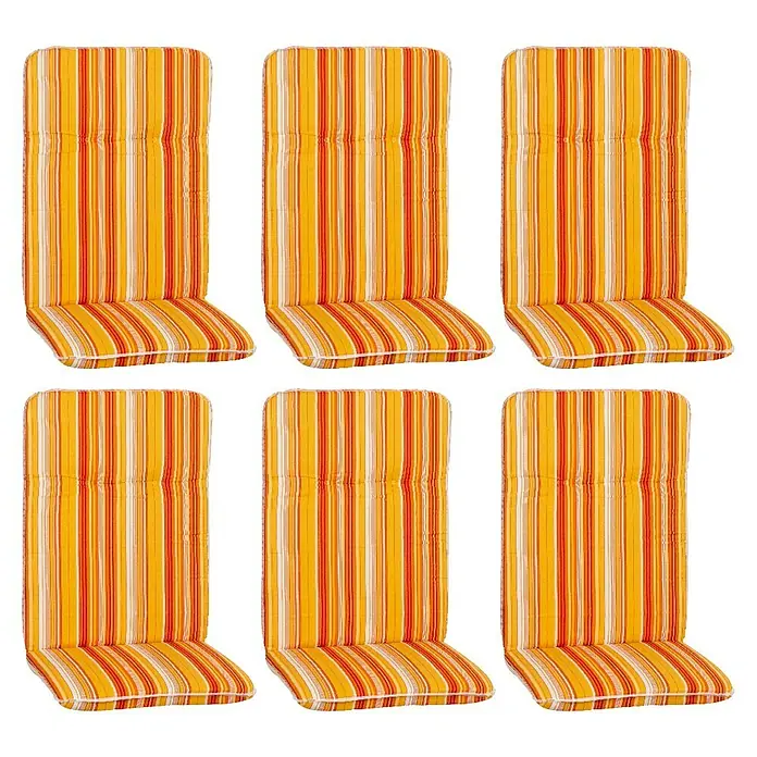 beo Gartenmöbel-Auflage Paselimra - Hochlehner, 6 Stk., L x B x H: 114 x 47 x 5 cm, Baumwolle, Polyester, Gelb/Rot - Sechs gestreifte Gartenstuhlauflagen in Gelb- und Orangetönen, ideal für Komfort im Freien. Die Sitzkissen sind perfekt für Gartenmöbel.