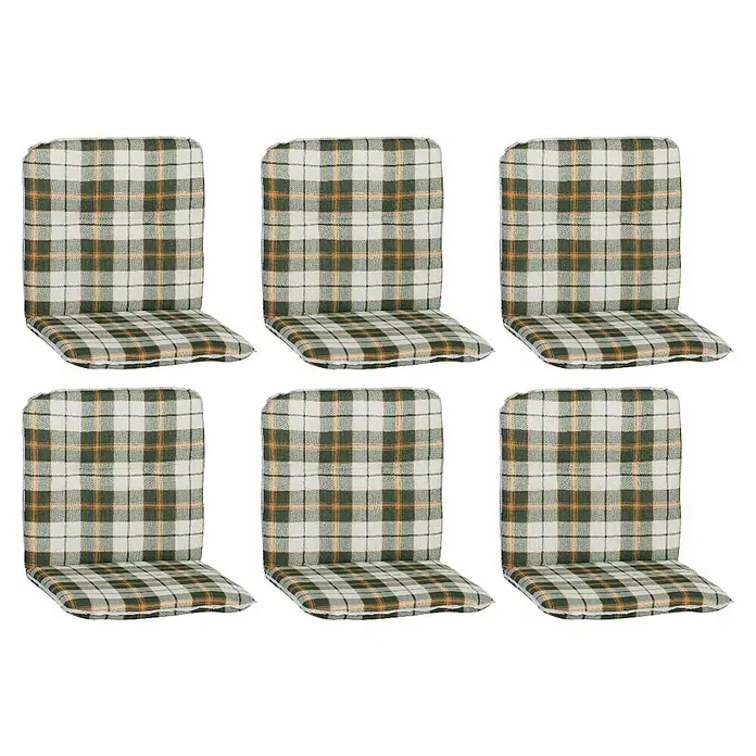 beo Gartenmöbel-Auflage Ejina - Niederlehner, 6 Stk., L x B x H: 96 x 47 x 5 cm, Baumwolle, Polyester, Grün - Sechs gepolsterte Stuhlkissen mit traditionellem Karomuster in Grün, Beige und Gelb für bequemes Sitzen und stilvolles Ambiente im Essbereich.