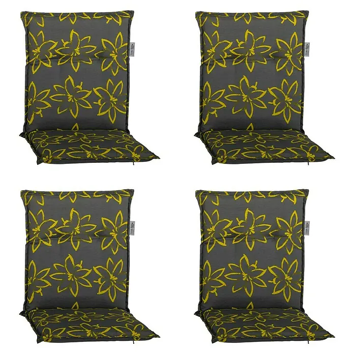 beo Gartenmöbel-Auflage Bonn - Niederlehner, 4 Stk., L x B x H: 118 x 50 x 6 cm, Baumwolle, Polyester, Grün/Gelb - Vier graue Stuhlkissen mit gelben Blumenmuster für bequemes Sitzen im Garten oder auf der Terrasse. Die perfekte Ergänzung für Ihre Outdoor-Möbel.
