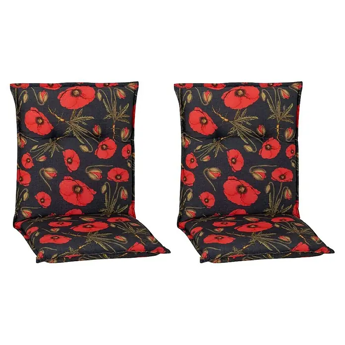 beo Gartenmöbel-Auflage Trondheim - Niederlehner, 2 Stk., L x B x H: 98 x 46 x 8 cm, Baumwolle, Polyester, Schwarz/Rot - Zwei Gartenstuhlauflagen mit einem roten Mohnblumenmuster auf einem dunklen Hintergrund. Die Auflagen sind bequem und stilvoll für den Außenbereich.