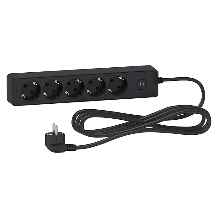 Schneider Electric Base de enchufe múltiple - Antracita, Longitud del cable: 3 m, IP20, Con interruptor, 5 ud. - Regleta de enchufes negra con cinco tomas y un cable de alimentación, perfecta para usar en la oficina o en casa.
