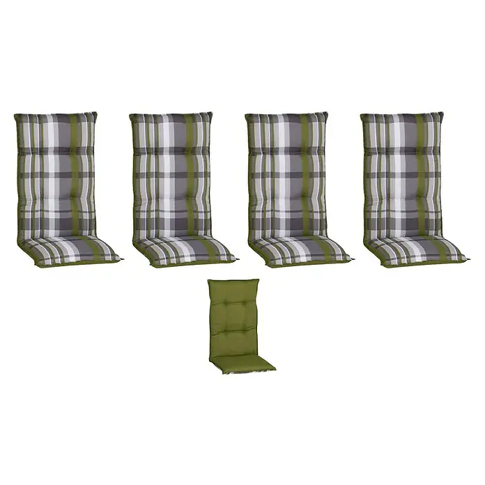 beo Gartenmöbel-Auflage Tirana - Hochlehner, 4 Stk., L x B x H: 118 x 46 x 8 cm, Baumwolle, Polyester, Grün/Braun - Fünf Gartenstuhlauflagen in verschiedenen Designs, darunter vier karierte und eine einfarbig grüne, für bequemes Sitzen im Freien.