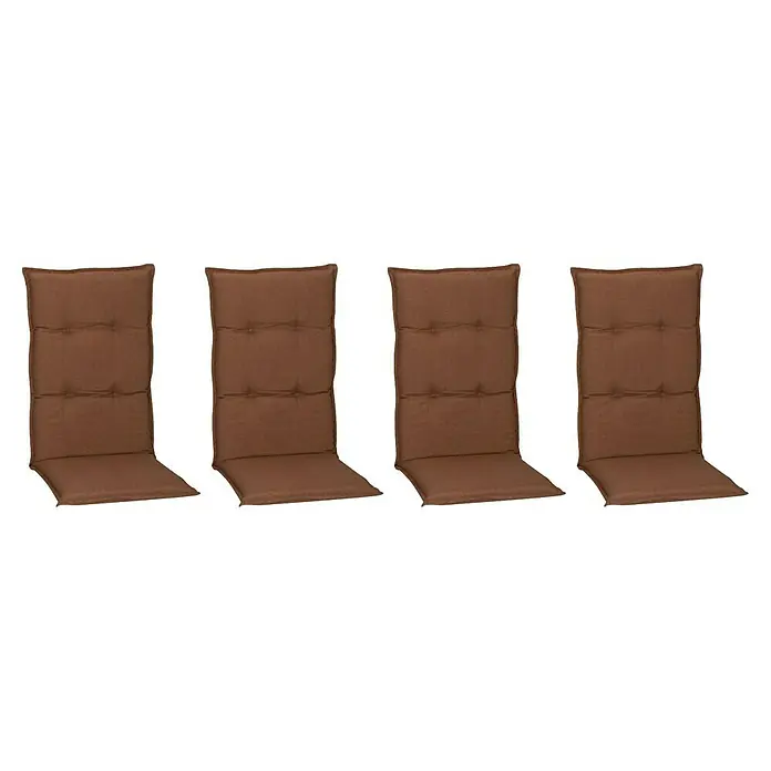 beo Gartenmöbel-Auflage Tolonaro - Hochlehner, 4 Stk., L x B x H: 118 x 46 x 8 cm, Baumwolle, Polyester, Braun - Das Bild zeigt vier braune Stuhlkissen mit Knopfheftung, ideal für Gartenmöbel oder Esszimmerstühle. Sie bieten Komfort und Stil für jeden Sitzbereich.
