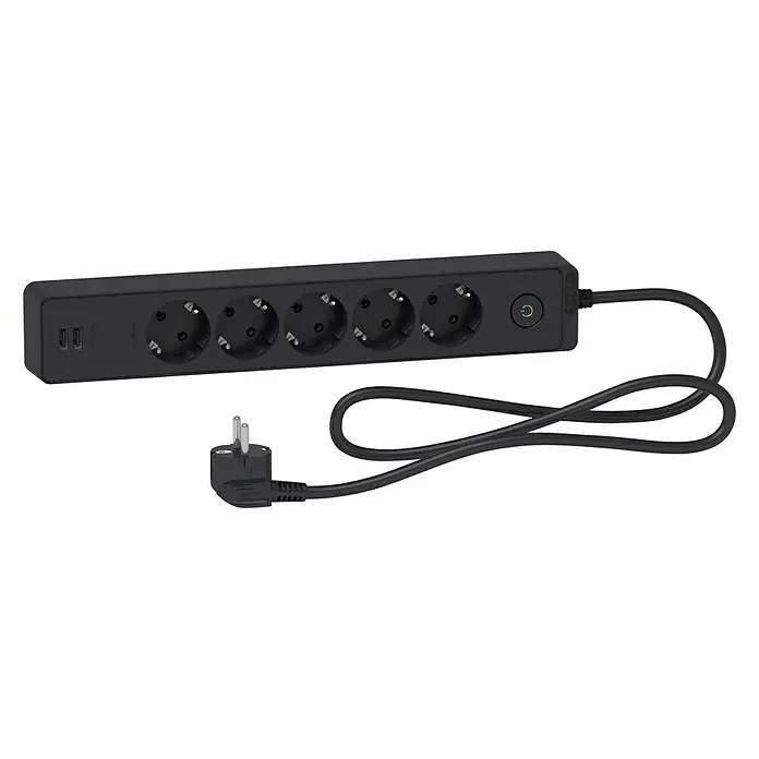 Schneider Electric Base de enchufe múltiple con USB - Antracita, Longitud del cable: 1,5 m, Con interruptor, 5 ud. - Una regleta negra con cinco enchufes, dos puertos USB, un interruptor y un cable de alimentación con enchufe.