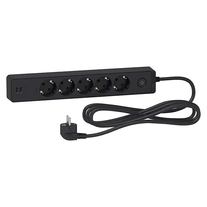 Schneider Electric Base de enchufe múltiple con USB - Antracita, Longitud del cable: 3 m, IP20, Con interruptor, 5 ud. - Una regleta negra con seis enchufes, dos puertos USB, un interruptor y un enchufe Schuko con cable.