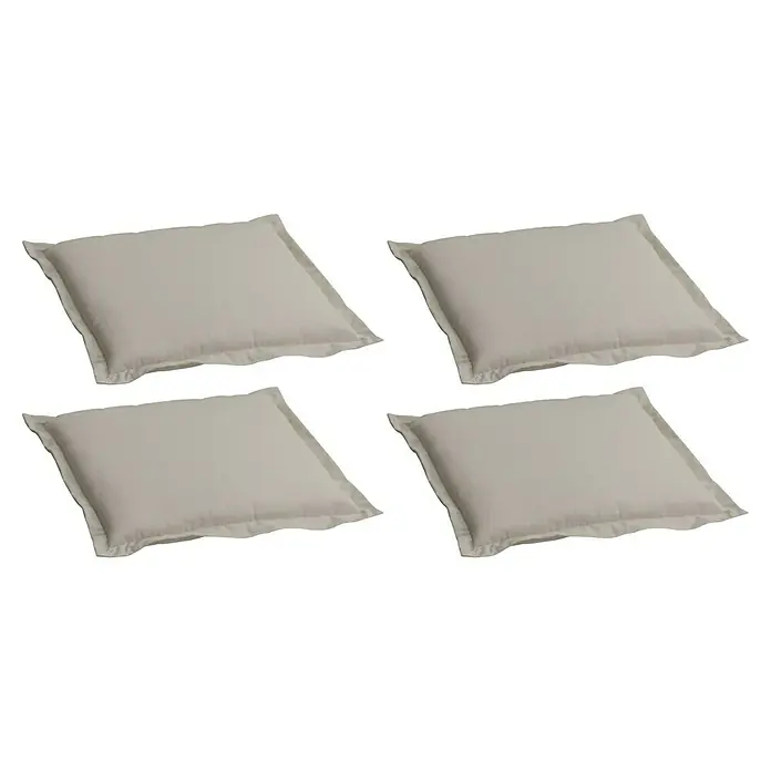 beo Gartenmöbel-Auflage P212 - Bankauflage, 4 Stk., Baumwolle, Polyester, Beige - Vier quadratische, beigefarbene Kissen mit Rüschenverzierung, die einen gemütlichen und stilvollen Touch für jedes Zuhause bieten.
