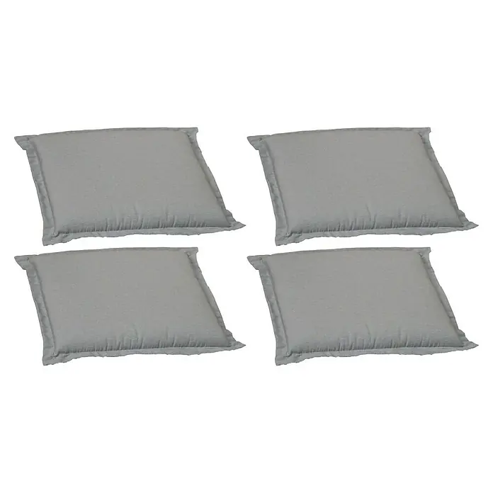 beo Gartenmöbel-Auflage P212 - Bankauflage, 4 Stk., Baumwolle, Polyester, Grau - Vier graue quadratische Kissen mit gerüschten Kanten sind in einem Raster aufgereiht und bieten Komfort und dekorative Reize für jeden Raum.