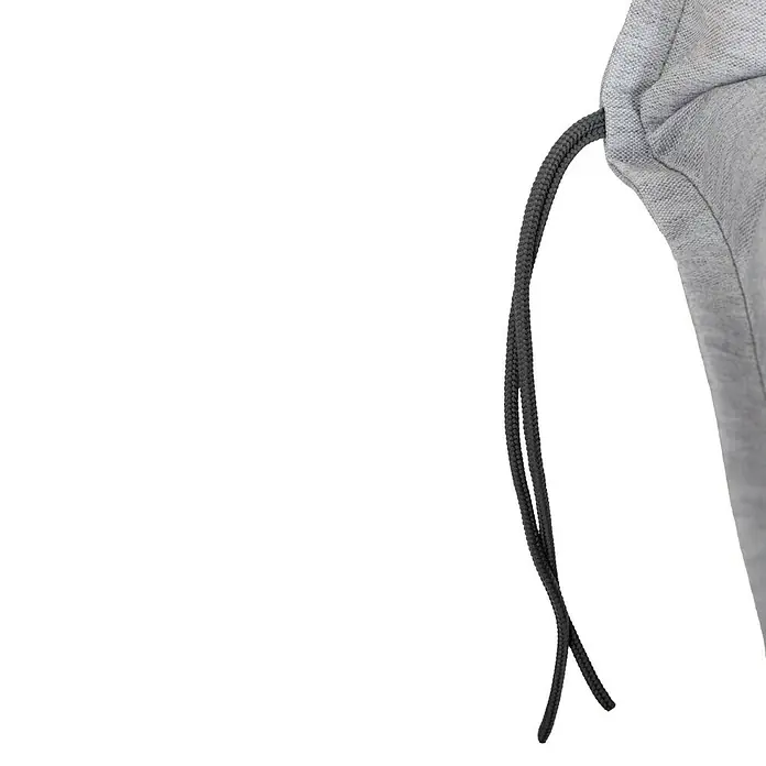 beo Gartenmöbel-Auflage Taipeh - Hochlehner, 4 Stk., L x B x H: 118 x 46 x 8 cm, Baumwolle, Polyester, Grau - Detailaufnahme eines grauen Hoodie-Kordelzugs. Der Kordelzug ist schwarz und verläuft entlang der Kapuze. Der Stoff des Hoodies ist leicht strukturiert.