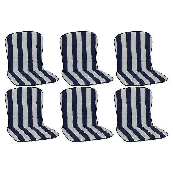 beo Gartenmöbel-Auflage Mono III - Niederlehner, 6 Stk., L x B x H: 80 x 44 x 4 cm, Baumwolle, Polyester - Sechs gestreifte Stuhlkissen in Marineblau und Weiß. Die Kissen bieten Komfort und Stil für Ihre Gartenmöbel.
