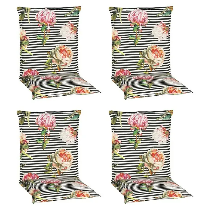 beo Gartenmöbel-Auflage Toronto - Niederlehner, 4 Stk., L x B x H: 98 x 46 x 8 cm, Baumwolle, Polyester, Schwarz/Rosa - Abbildung von vier Sitzkissen mit schwarz-weiß gestreiften Bezügen und floralen Motiven für einen stilvollen Look.