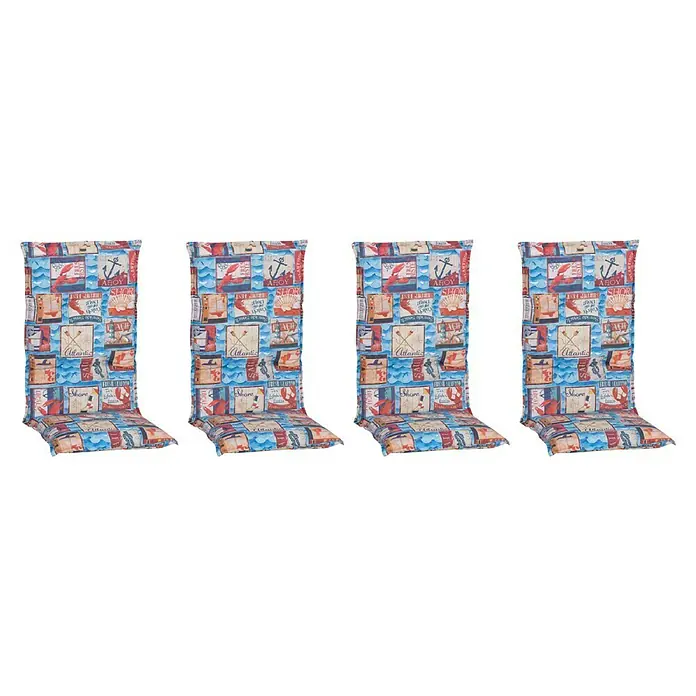 beo Gartenmöbel-Auflage Togo - Hochlehner, 4 Stk., L x B x H: 118 x 46 x 8 cm, Baumwolle, Polyester, Schaumvlies, Rot/Blau - Vier blaue Stuhlkissen mit maritimen Motiven, ideal für den Garten oder die Terrasse, bieten bequemen Sitzkomfort und einen frischen Look.