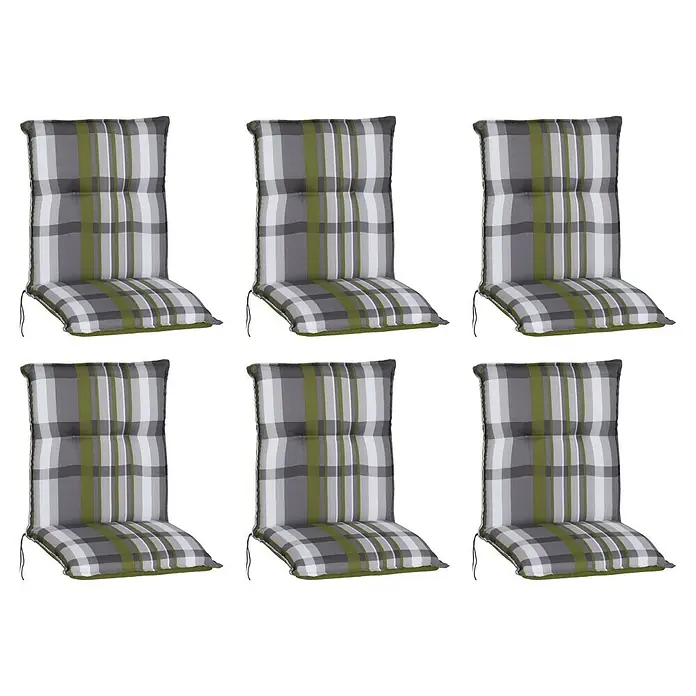beo Gartenmöbel-Auflage Tirana - Niederlehner, 6 Stk., L x B x H: 98 x 46 x 8 cm, Baumwolle, Polyester, Grün/Grau - Sechs gepolsterte Gartenstuhlauflagen mit einem grauen, weißen und olivgrünen Karomuster für zusätzlichen Komfort im Freien.