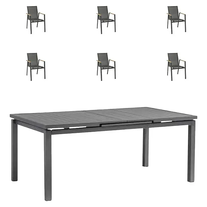 Acamp Gartenmöbel-Set Vegas/Chicago - 7 -tlg., Aluminium, Textil, Grau - Das Bild zeigt ein graues Gartentisch-Set mit sechs Stühlen, ideal für Mahlzeiten im Freien und entspannte Stunden im Garten.