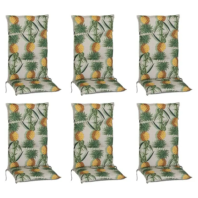 beo Gartenmöbel-Auflage - Hochlehner, 6 Stk., L x B x H: 118 x 46 x 8 cm, Materialzusammensetzung Bezug: Baumwolle, Polyester, Grün/Gelb - Abgebildet sind sechs Stuhlkissen mit Ananasdruck, ideal für Gartenmöbel und sommerliche Dekorationen. Die Kissen bieten Komfort und Stil.