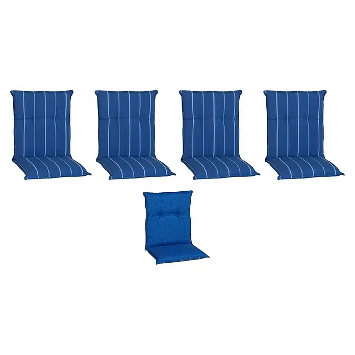 beo Gartenmöbel-Auflage Tovarnik - Niederlehner, 4 Stk., L x B x H: 98 x 46 x 8 cm, Baumwolle, Polyester, Blau/Weiß - Das Bild zeigt fünf blaue Stuhlkissen, vier davon mit weißen Streifen und eines in einem einfarbigen Blauton. Ideal für Gartenmöbel.