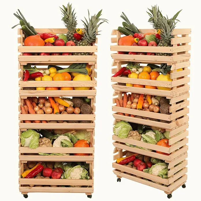 Proregal Holzregal Gemüseregal VeggieRoll mit Rollen - Anzahl Böden: 5 Stk., Schrauben, Natur