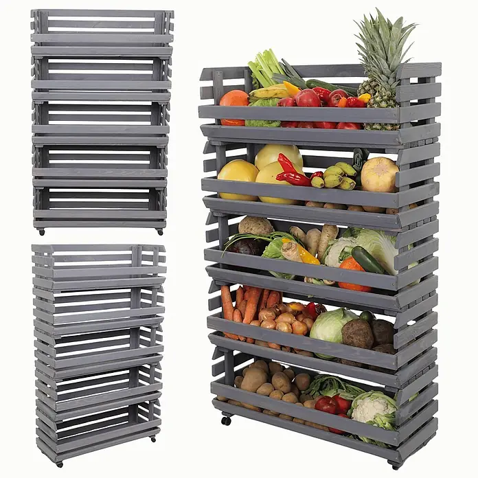 Proregal Holzregal Gemüseregal VeggieRoll mit Rollen - Anzahl Böden: 5 Stk., Schrauben, Grau