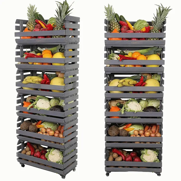 Proregal Holzregal Gemüseregal VeggieRoll mit Rollen - Anzahl Böden: 6 Stk., Schrauben, Grau