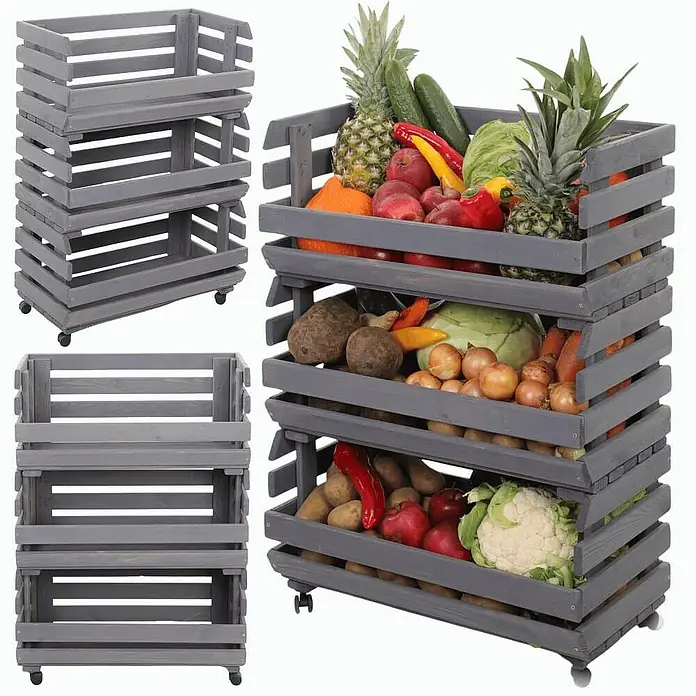 Proregal Holzregal Gemüseregal VeggieRoll mit Rollen - Anzahl Böden: 3 Stk., Schrauben, Grau