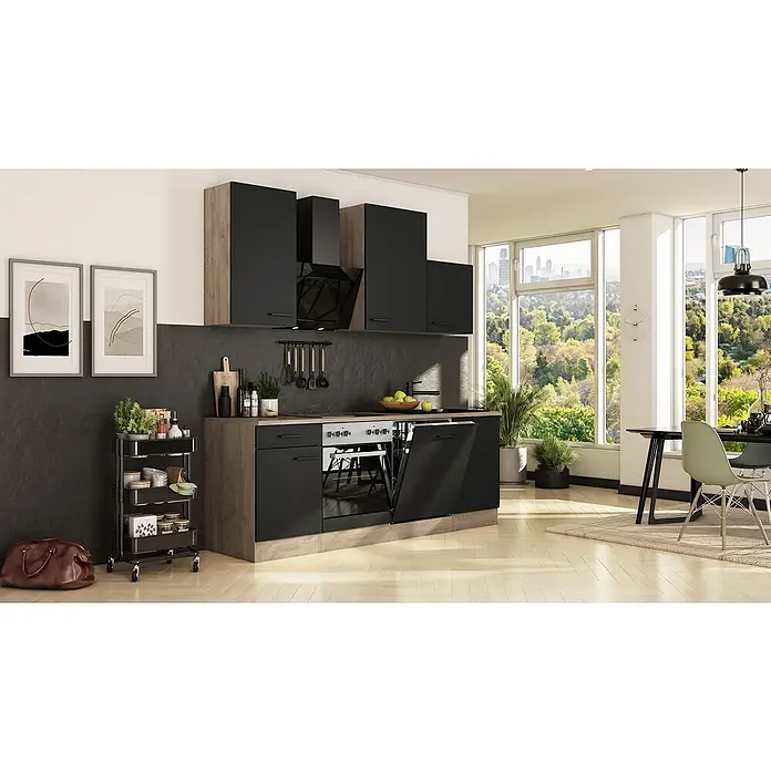 Flex-Well Küchenzeile Capri - Breite: 220 cm, Touch Schwarz, Mit Elektrogeräten, Fibonitspüle - Moderne Küche mit schwarzen Schränken, Holzakzenten und Geschirrspüler. Ein stilvolles Interieur mit Esstisch vor dem Fenster.