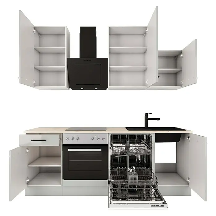 Flex-Well Lund Küchenzeile - Breite: 220 cm, Höhe: 234 cm, Lichtgrau, Mit Elektrogeräten, Fibonitspüle - Moderne Küche mit weißen Schränken, schwarzer Dunstabzugshaube, Backofen und Spülmaschine. Elegantes und funktionales Design für Ihr Zuhause.