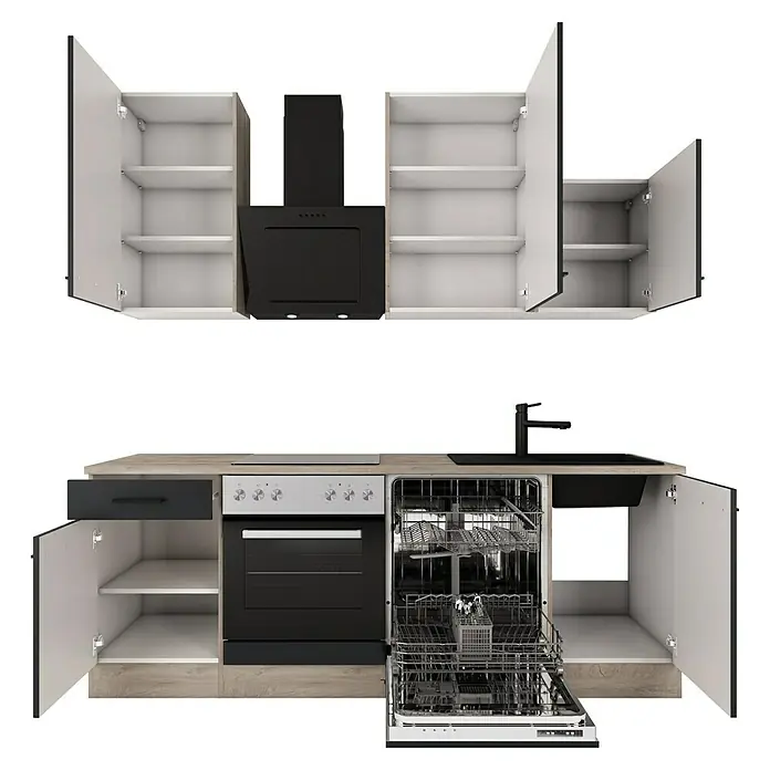 Flex-Well Küchenzeile Capri - Breite: 220 cm, Touch Schwarz, Mit Elektrogeräten, Fibonitspüle - Küchenschrank mit offenem Geschirrspüler, Schubladen, Herd und Dunstabzugshaube in Schwarz und Weiß für moderne Küchen.