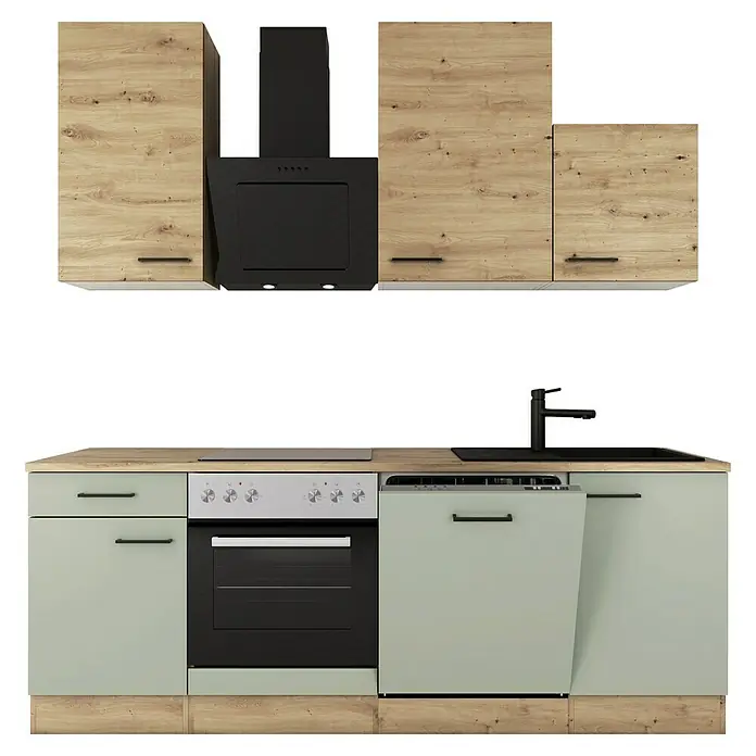 Flex-Well Cara Küchenzeile - Breite: 220 cm, Höhe: 234 cm, Schilfgrün Antifingerprint / Artisan Eiche, Mit Elektrogeräten, Fibonitspüle - Das Bild zeigt eine moderne Küche mit hellgrünen Unterschränken und Holzoptik-Oberschränken, dazu eine Dunstabzugshaube.