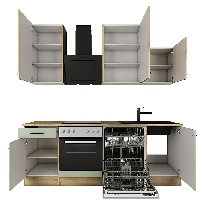 Flex-Well Cara Küchenzeile - Breite: 220 cm, Höhe: 234 cm, Schilfgrün Antifingerprint / Artisan Eiche, Mit Elektrogeräten, Fibonitspüle - Küchenzeile mit offenem Geschirrspüler, Herd, Dunstabzugshaube und Schränken in verschiedenen Farben. Praktisch und modern!