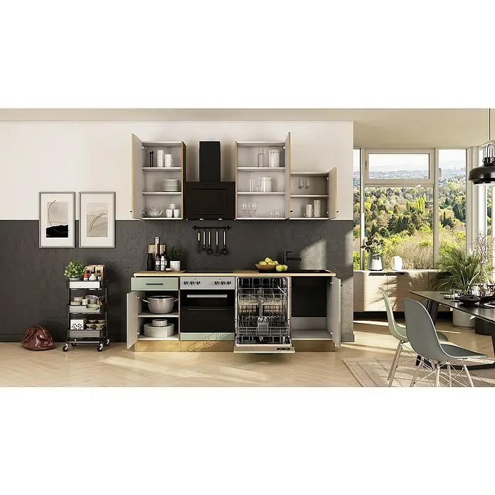 Flex-Well Cara Küchenzeile - Breite: 220 cm, Höhe: 234 cm, Schilfgrün Antifingerprint / Artisan Eiche, Mit Elektrogeräten, Fibonitspüle - Helle, moderne Küche mit offenen Schränken, einem Geschirrspüler und einem Küchenwagen. Viel Stauraum und stilvolles Design für ein angenehmes Kocherlebnis.