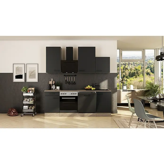 Flex-Well Küchenzeile Capri - Breite: 220 cm, Touch Schwarz, Mit Elektrogeräten, Fibonitspüle - Modernes Küchendesign mit grauen Schränken, Holzarbeitsplatte und Blick durch das Fenster auf eine grüne Landschaft für ein harmonisches Ambiente.