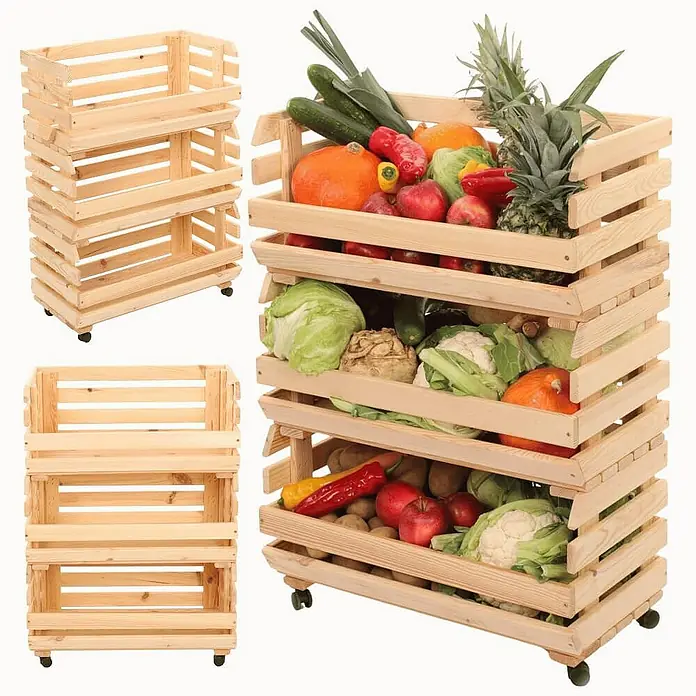 Proregal Holzregal Gemüseregal VeggieRoll mit Rollen - Anzahl Böden: 3 Stk., Schrauben, Natur