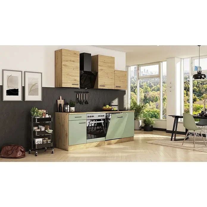 Flex-Well Cara Küchenzeile - Breite: 220 cm, Höhe: 234 cm, Schilfgrün Antifingerprint / Artisan Eiche, Mit Elektrogeräten, Fibonitspüle - Ein modernes Küchendesign mit hellen Holzschränken, grünen Unterschränken und einer schwarzen Dunstabzugshaube. Elegante und funktionale Küchengestaltung.
