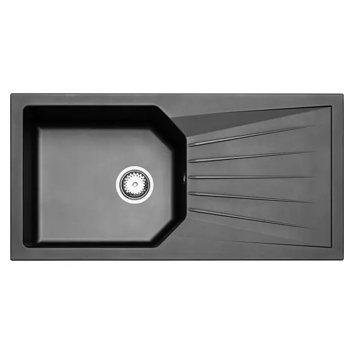 Flex-Well Lund Singleküche Typ 1 - Breite: 210 cm, Lichtgrau, Mit Elektrogeräten - Eine moderne schwarze Küchenspüle mit Abtropffläche aus hochwertigem Material. Das Becken ist tief und bietet viel Platz zum Spülen.