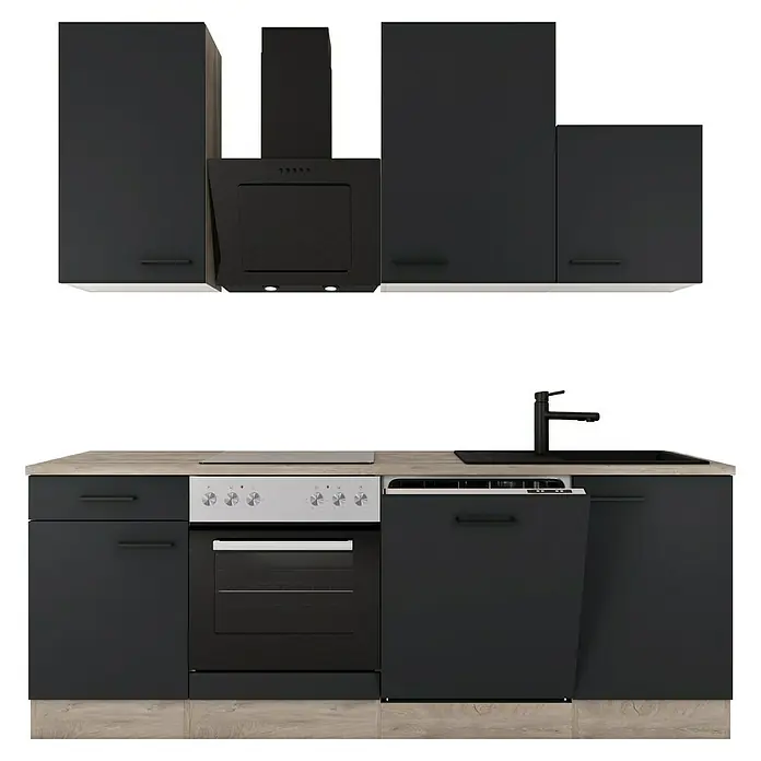 Flex-Well Küchenzeile Capri - Breite: 220 cm, Touch Schwarz, Mit Elektrogeräten, Fibonitspüle - Eine moderne Küche in Schwarz- und Holztönen mit integrierten Geräten und stilvollem Design. Praktische und ästhetische Küchenausstattung.