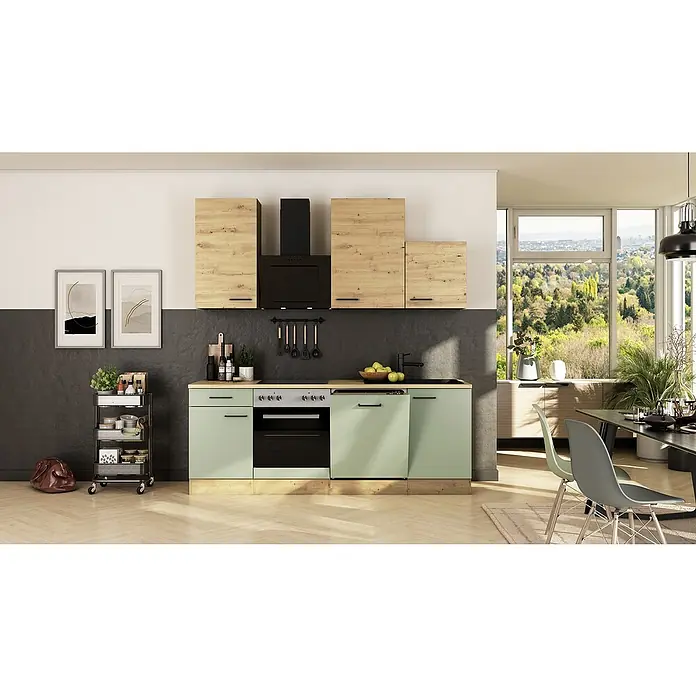 Flex-Well Cara Küchenzeile - Breite: 220 cm, Höhe: 234 cm, Schilfgrün Antifingerprint / Artisan Eiche, Mit Elektrogeräten, Fibonitspüle - Modernes Küchendesign mit hellgrünen Unterschränken, Holzoptik-Oberschränken und schwarzer Dunstabzugshaube für eine stilvolle Atmosphäre.