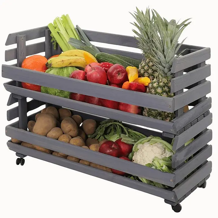 Proregal Holzregal Gemüseregal VeggieRoll mit Rollen - Anzahl Böden: 2 Stk., Schrauben, Grau