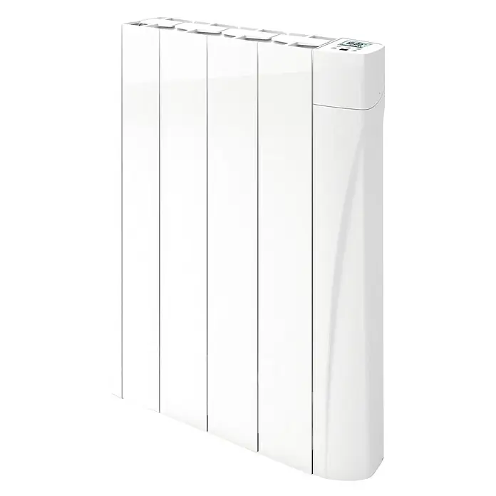 Voltomat HEATING Emisor térmico de fluido VOLT - 500 W, Blanco, 9,8 x 42,5 x 57,5 cm, Fluido - Primer plano de un radiador blanco moderno con control digital y diseño minimalista, ideal para soluciones de calefacción eficientes.