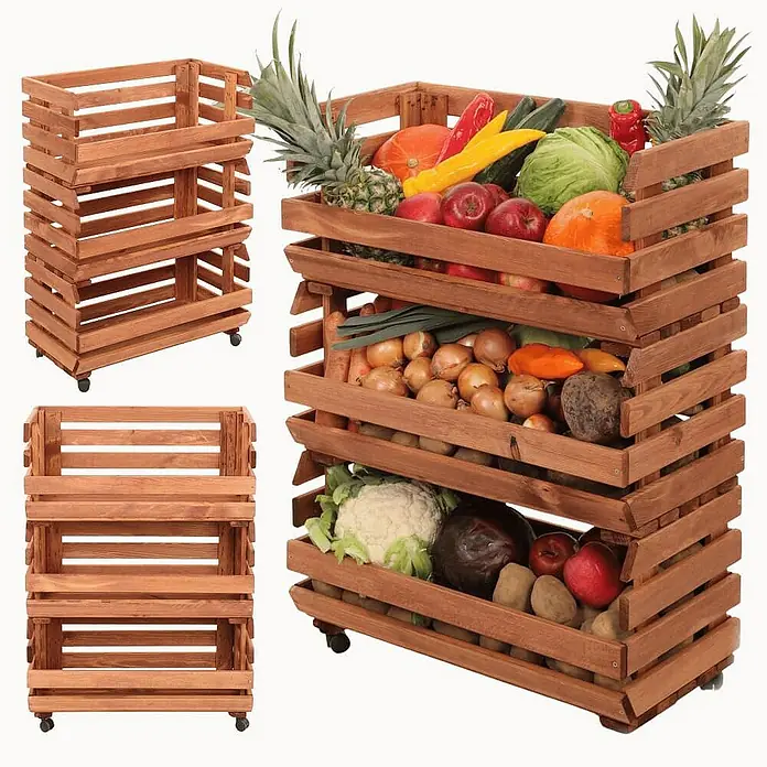 Proregal Holzregal Gemüseregal VeggieRoll mit Rollen - Anzahl Böden: 3 Stk., Schrauben, Braun