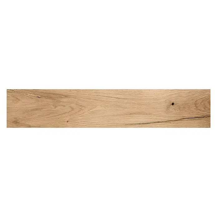 Pavimento porcelánico Genuine - 23,3 x 120 cm, Natural, Mate - Tabla de madera marrón claro con veta visible y un pequeño nudo.
