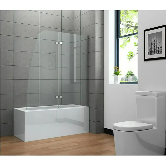 Badewannenaufsatz Klar - B x H: 125 x 140 cm, 2 Stk., Klar - Das Bild zeigt eine Badewanne mit einer transparenten Duschabtrennung, umgeben von grauen Fliesen und einem hellen Holzboden.