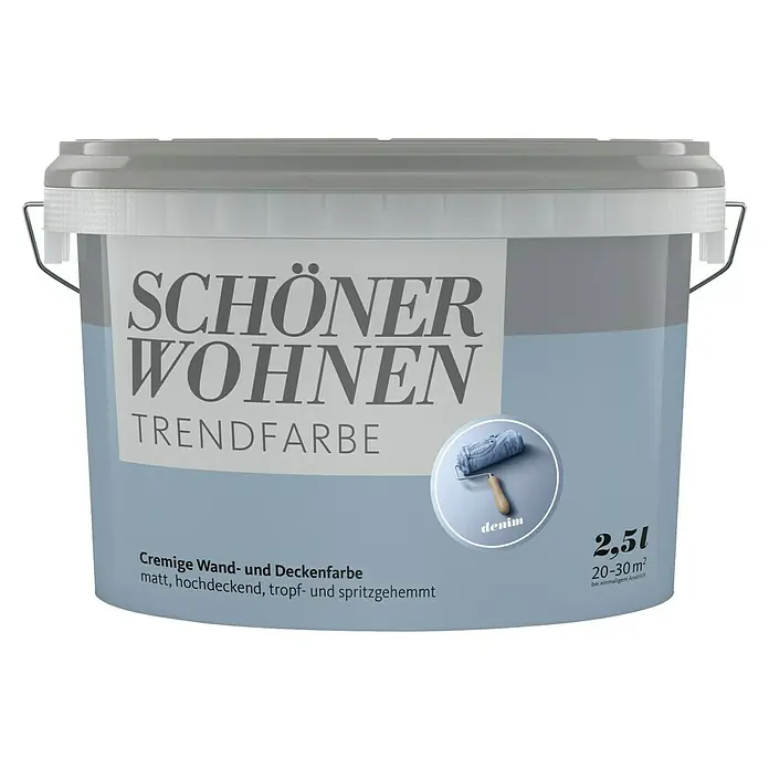 SCHÖNER WOHNEN-Farbe Wandfarbe Trendfarbe - Denim, Matt, 2,5 l, Konservierungsmittelfrei - Ein Eimer „Schöner Wohnen“-Trendfarbe in der Farbe Denim, 2,5 Liter, cremige Wand- und Deckenfarbe, matt, hochdeckend.