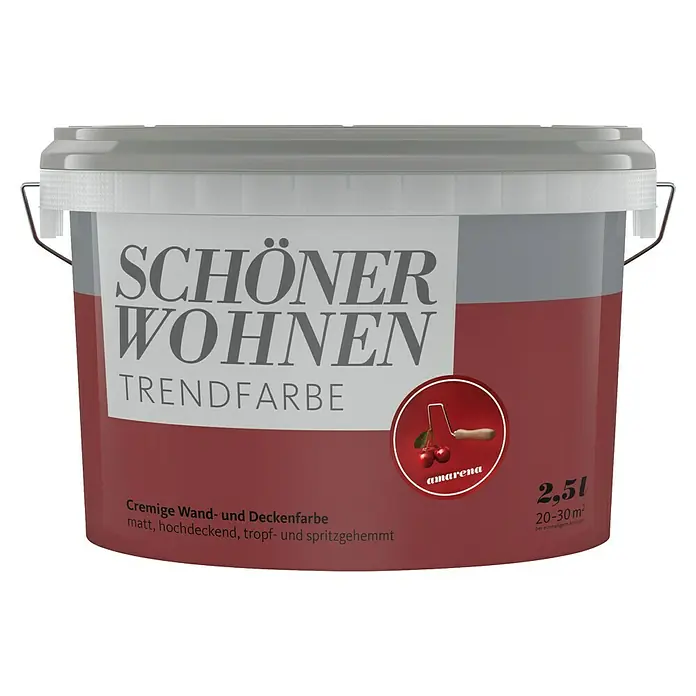 SCHÖNER WOHNEN-Farbe Wandfarbe Trendfarbe - Amarena, Matt, 2,5 l, Konservierungsmittelfrei - Abbildung eines Eimers SCHÖNER WOHNEN Trendfarbe Amarena, einer cremigen Wand- und Deckenfarbe.